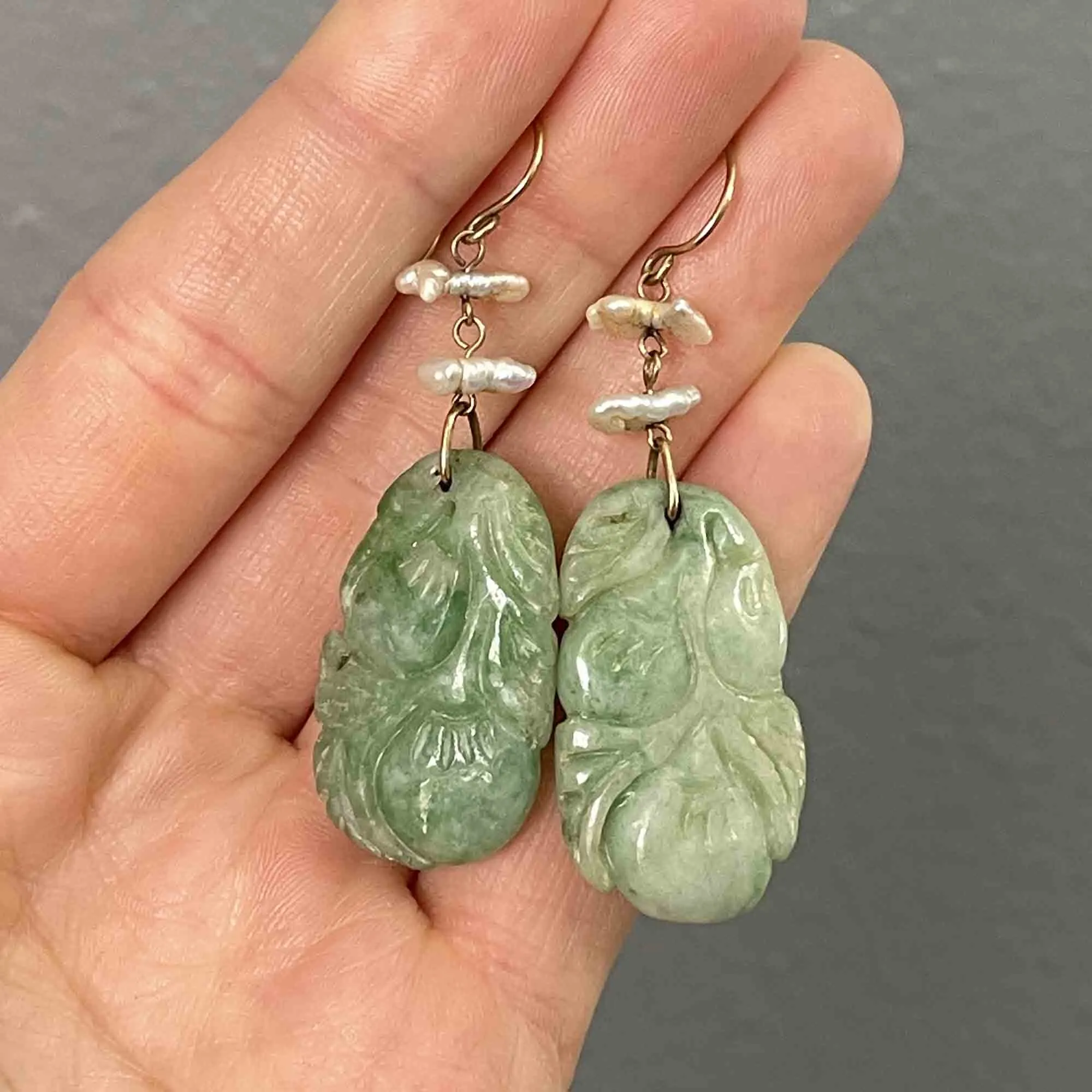 Vintage Carved Jade Baroque Pearl Drop Earrings