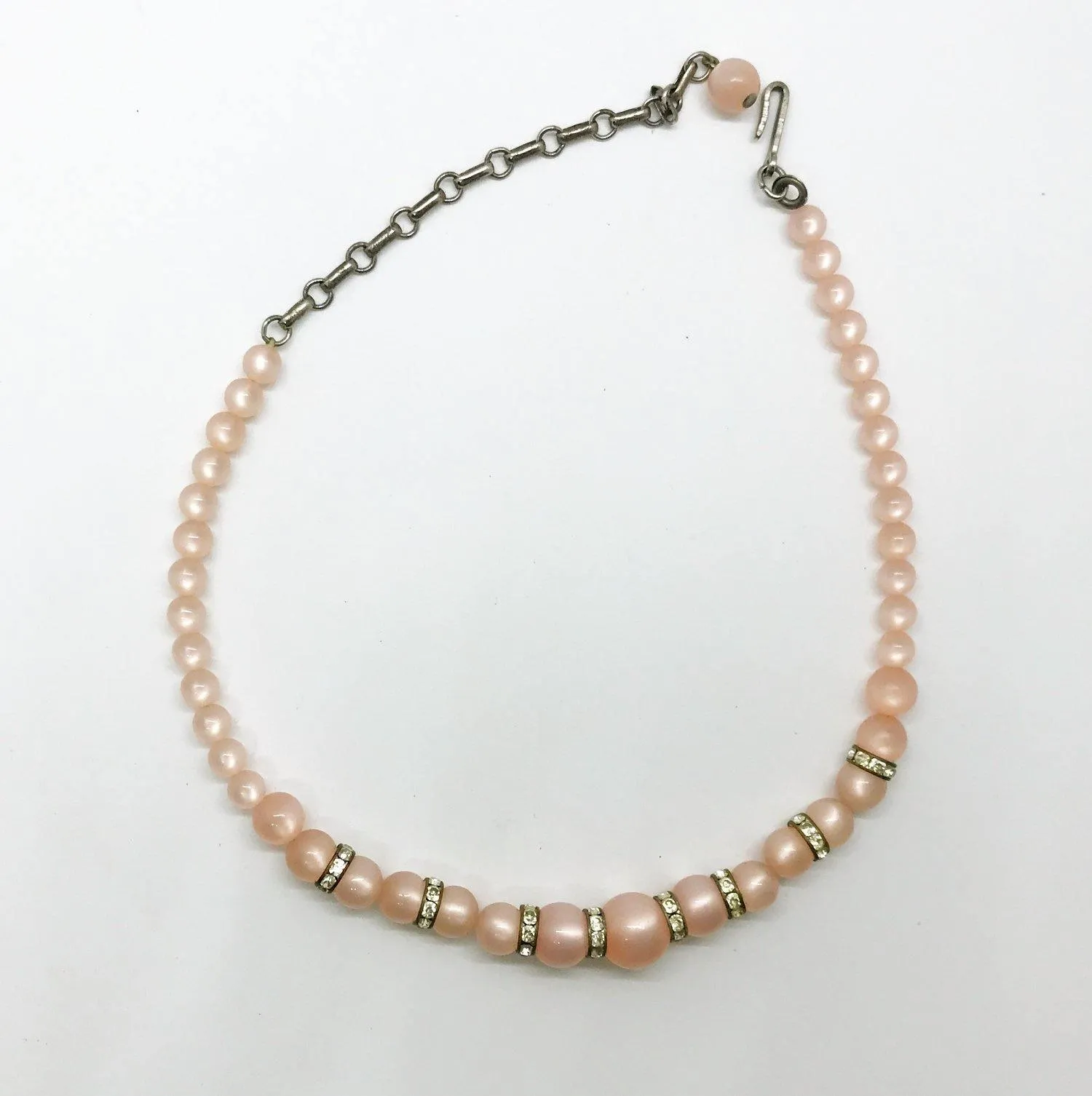 Vintage Faux Pink Graduated Pearl Necklace With Rhinestone Rondelles