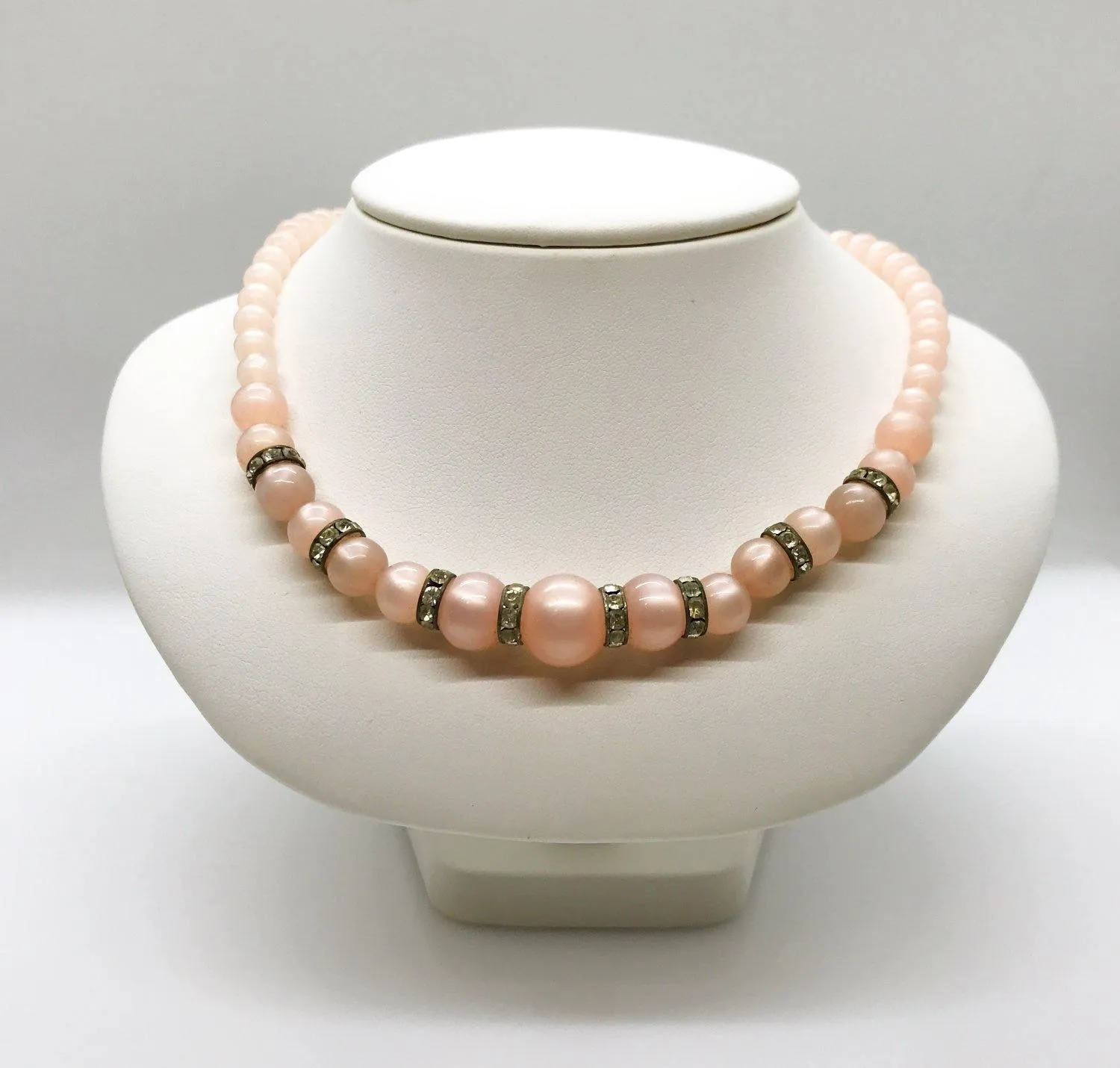 Vintage Faux Pink Graduated Pearl Necklace With Rhinestone Rondelles