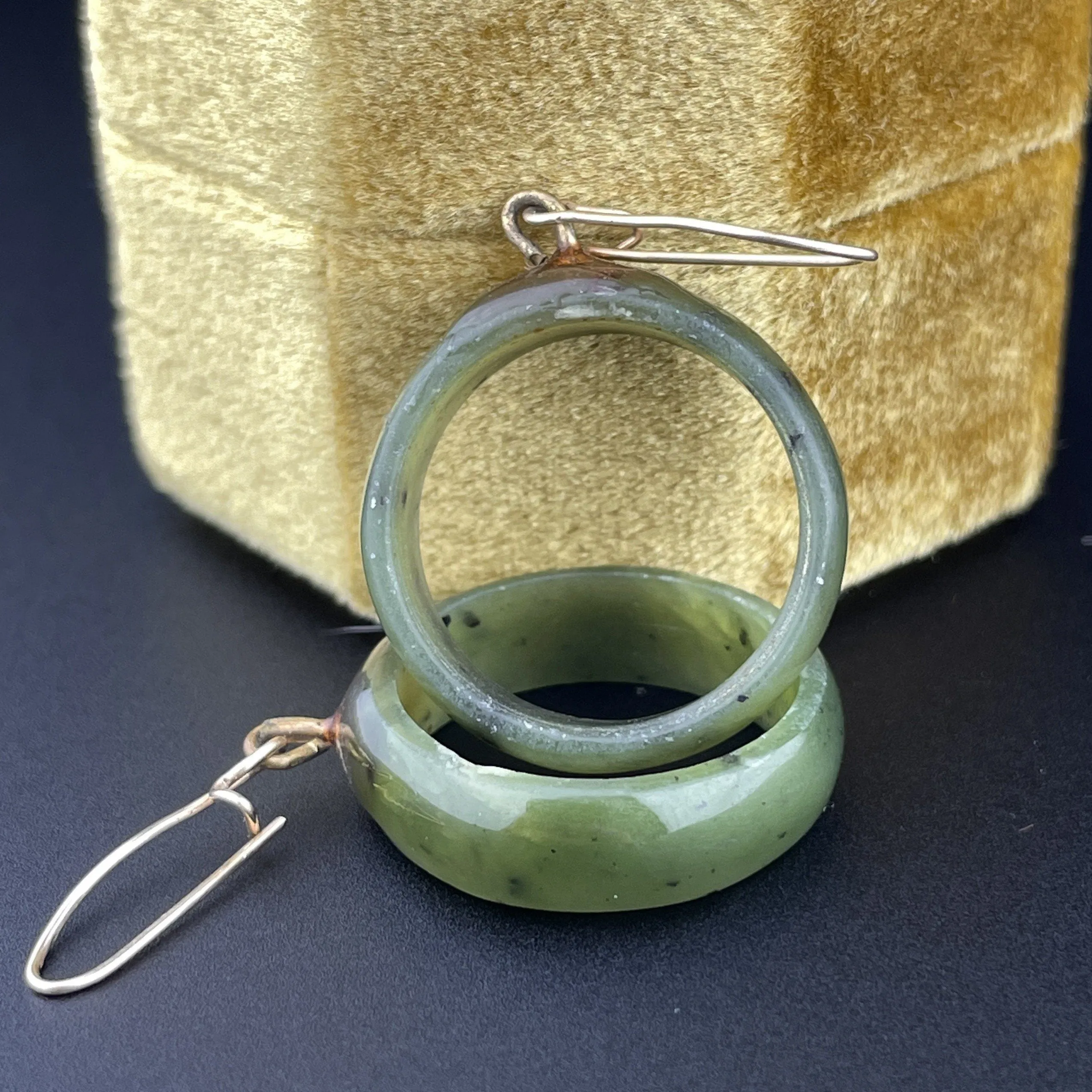 Vintage Gold Nephrite Jade Hoop Earrings