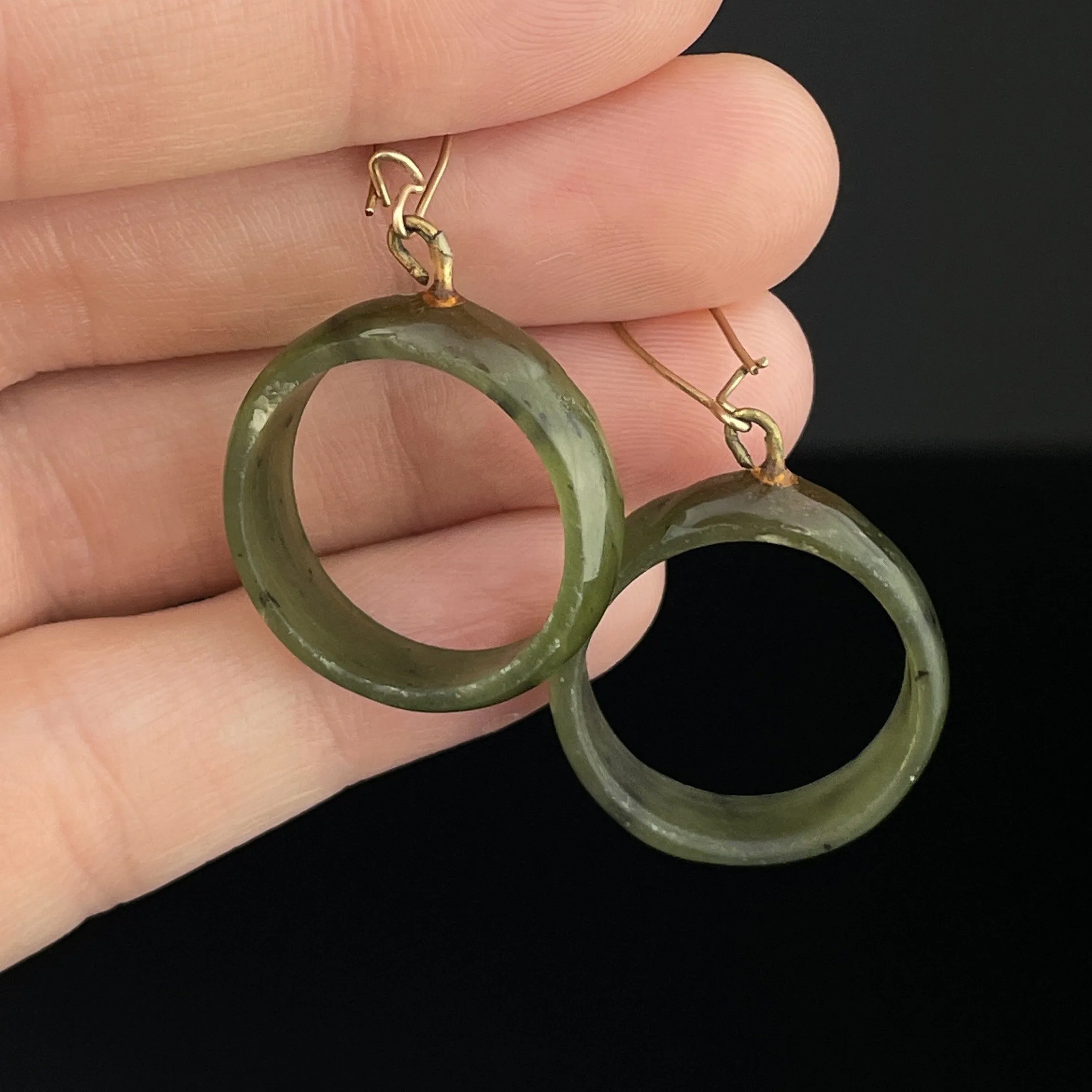 Vintage Gold Nephrite Jade Hoop Earrings