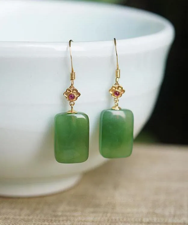 Vintage Green Sterling Silver Square Jade Drop Earrings