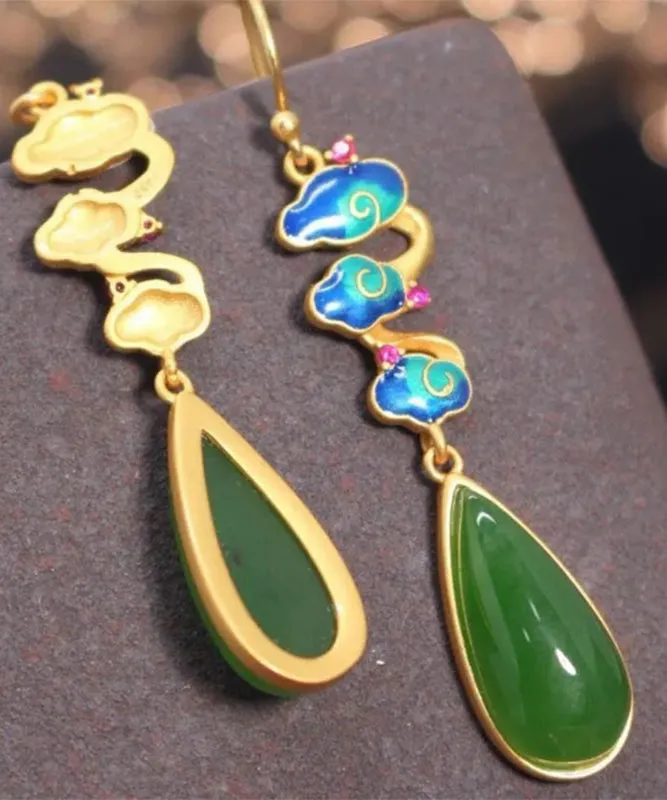 Vintage Green Sterling Silver Water Drop Hetian Jade Drop Earrings