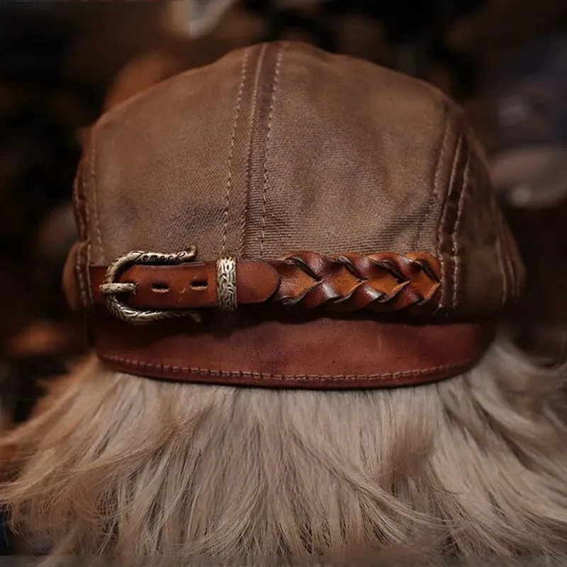 Vintage Khaki Canvas Distressed Handmade Beret - Casual Style