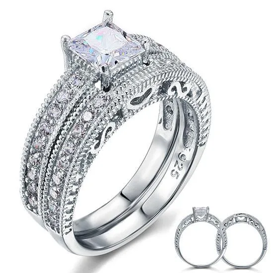 Vintage Style Victorian Art Deco 1 Carat Simulated Diamond Sterling 925 Silver 2-Pc Wedding Engagement Ring Set