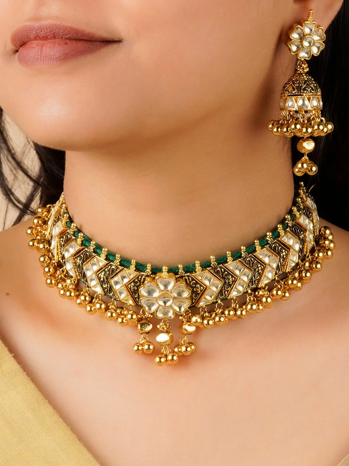 White Color Gold Plated Jadau Kundan Necklace Set - MS1999Y