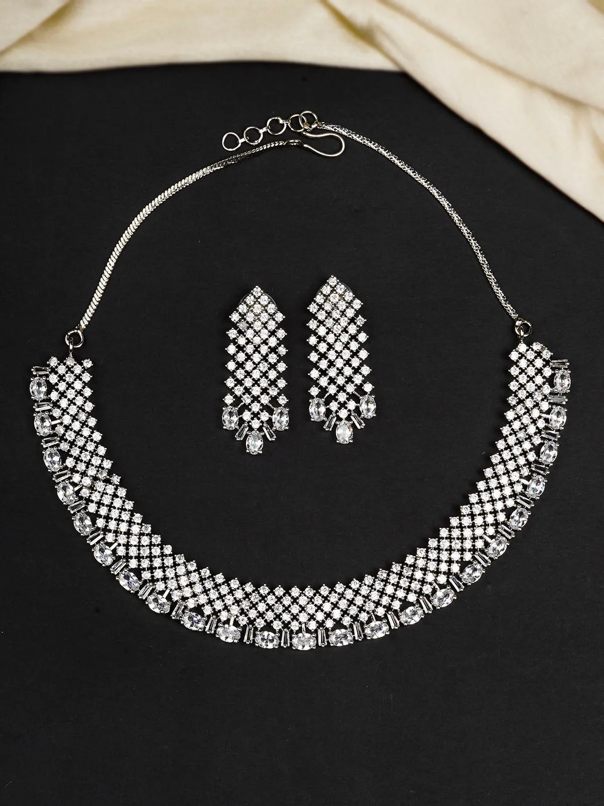 White Color Silver Plated Faux Diamond Necklace Set - CZSET318