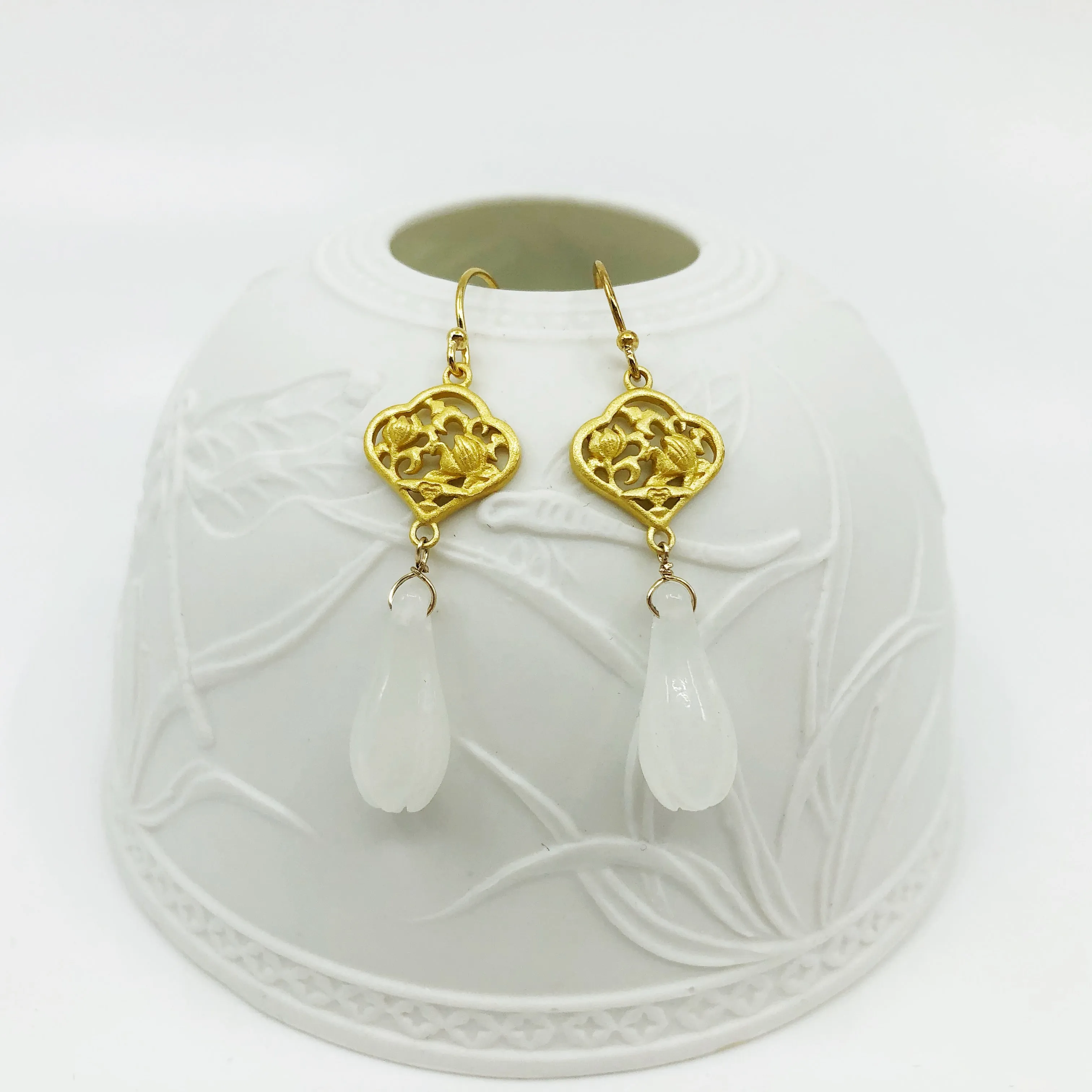 White Jade Orchid Earrings