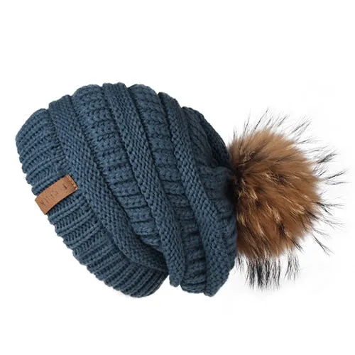 Winter Pom Pom Slouchy Velvet Lined Casual Warm Knitted Winter Beanie