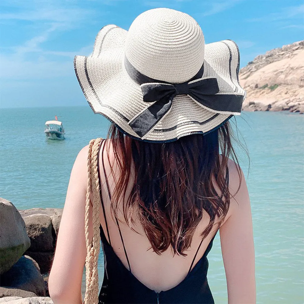 Women Sun Protection Straw Hat Beach Wide Brim Bow-Knot Big Floppy Sun Hat