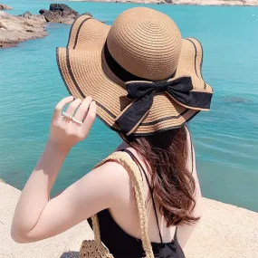 Women Sun Protection Straw Hat Beach Wide Brim Bow-Knot Big Floppy Sun Hat