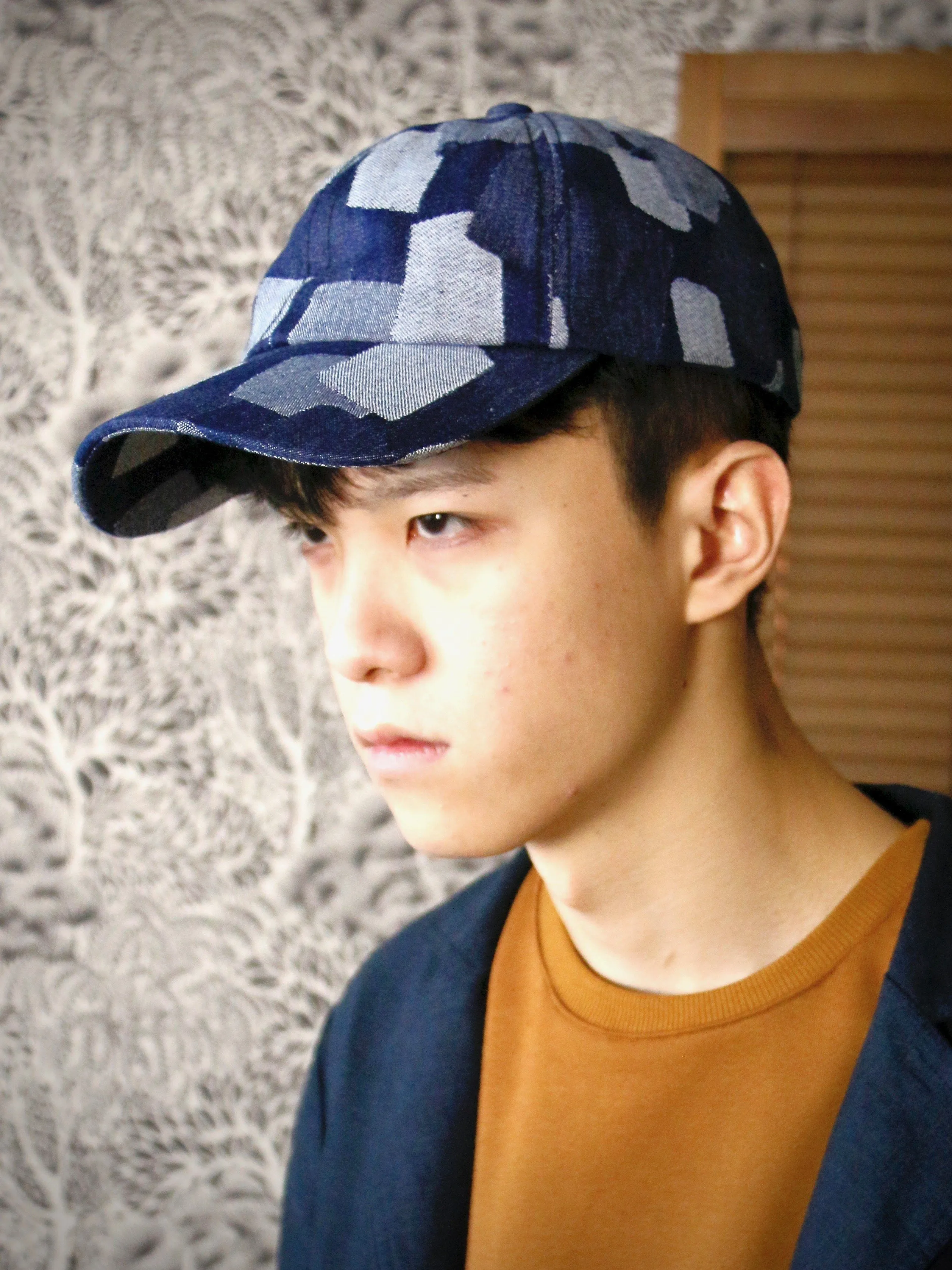 Woven Irregular Checked Denim Cap