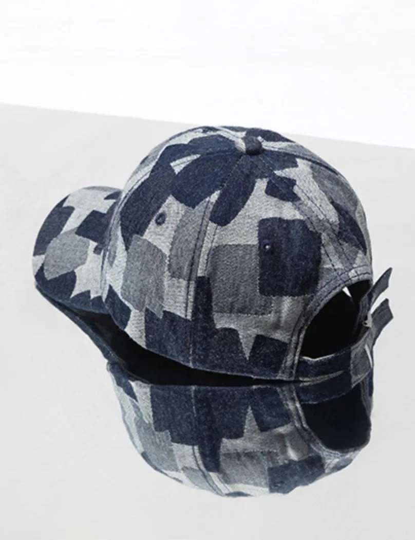 Woven Irregular Checked Denim Cap